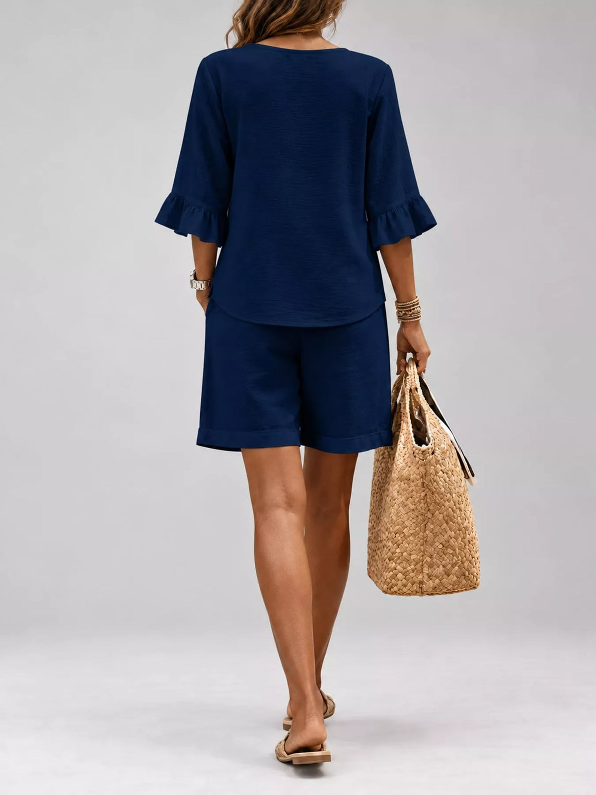 Decorative Button Blouse and Shorts Set, back view in navy blue