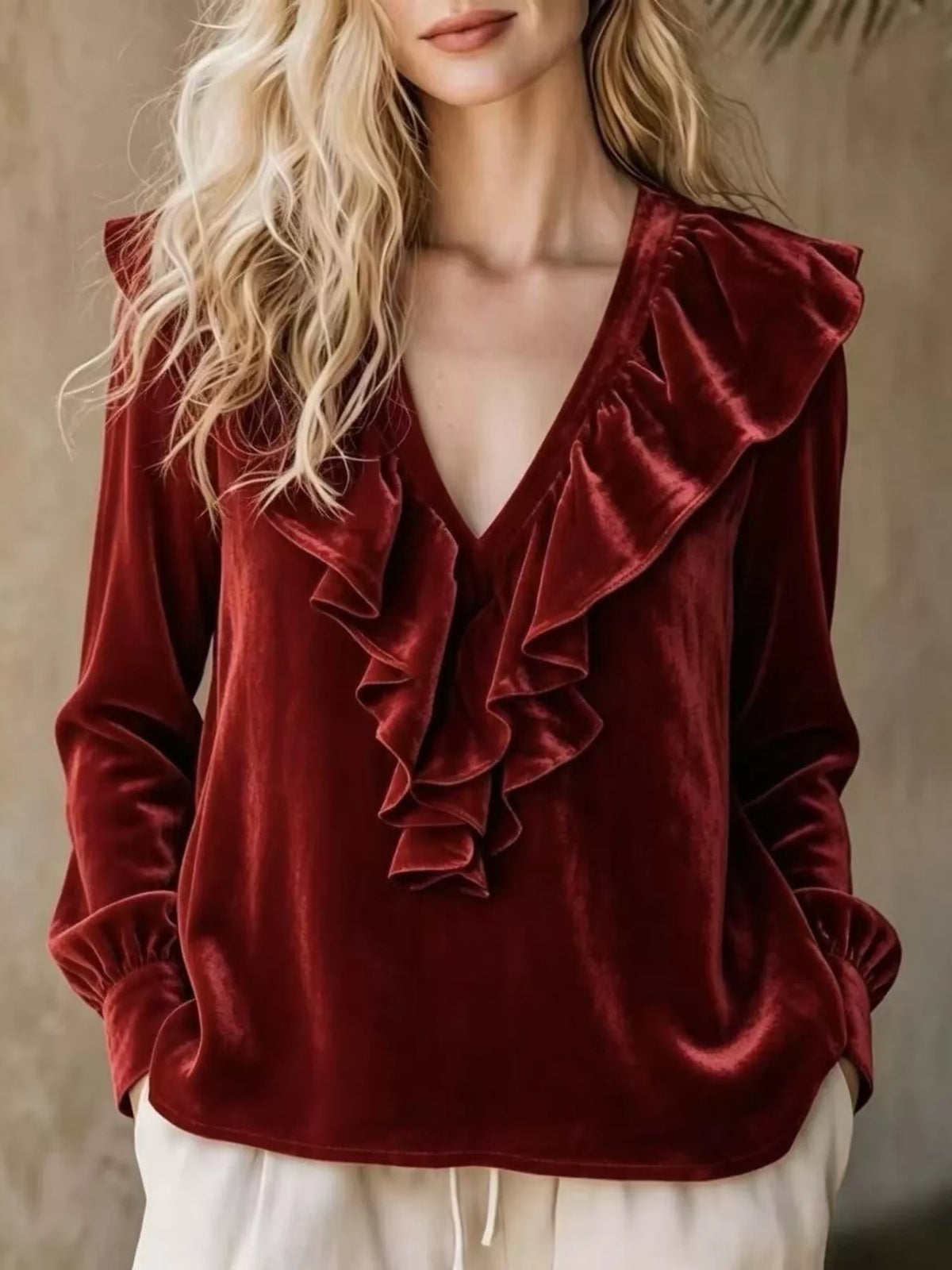 Burgundy Velvet Ruffled V-Neck Long Sleeve Blouse front view