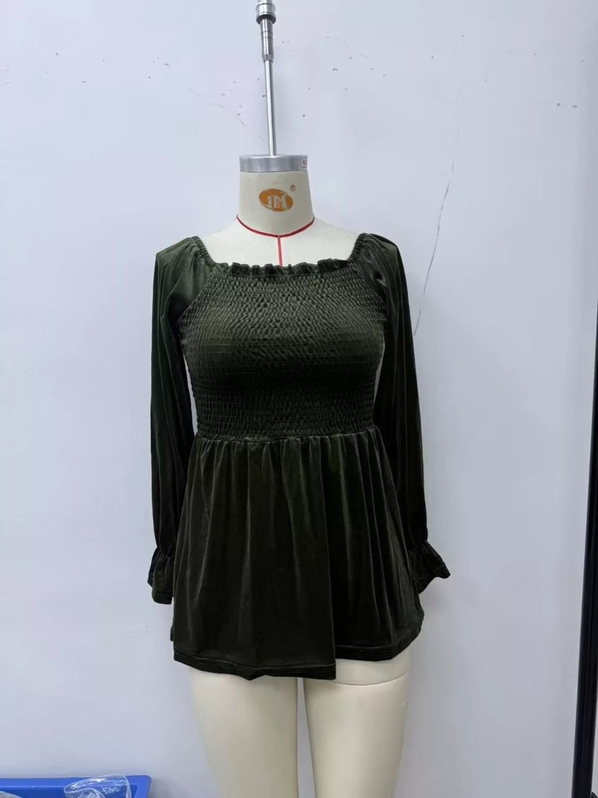 Women's Velvet Smocked Peplum Blouse in Black Forest, alternate view
