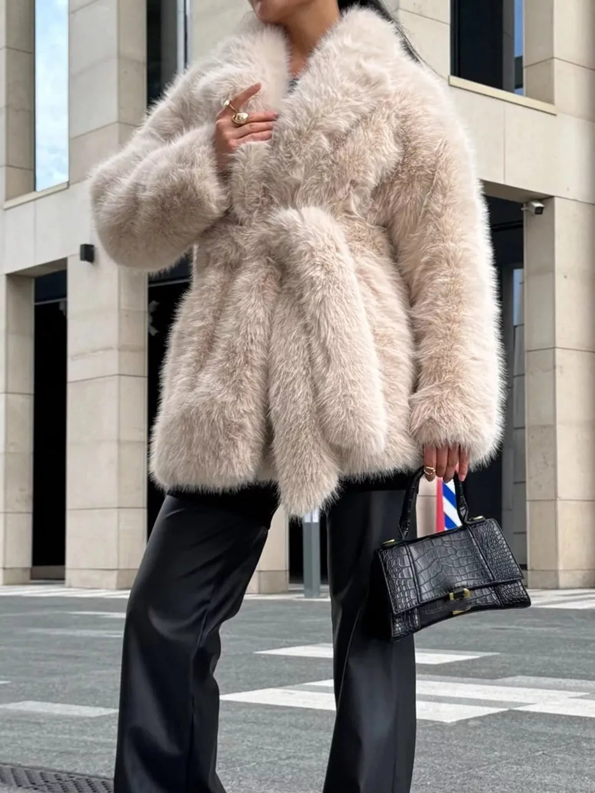 Faux Fur Belted Coat in beige