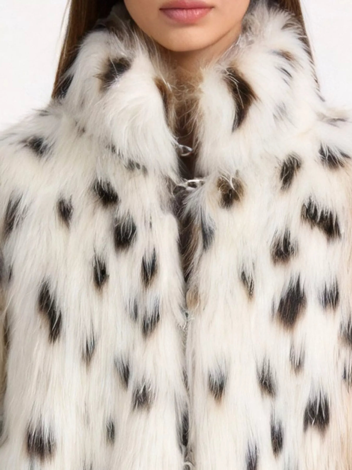 White and black leopard-print leopard faux fur turtleneck jacket