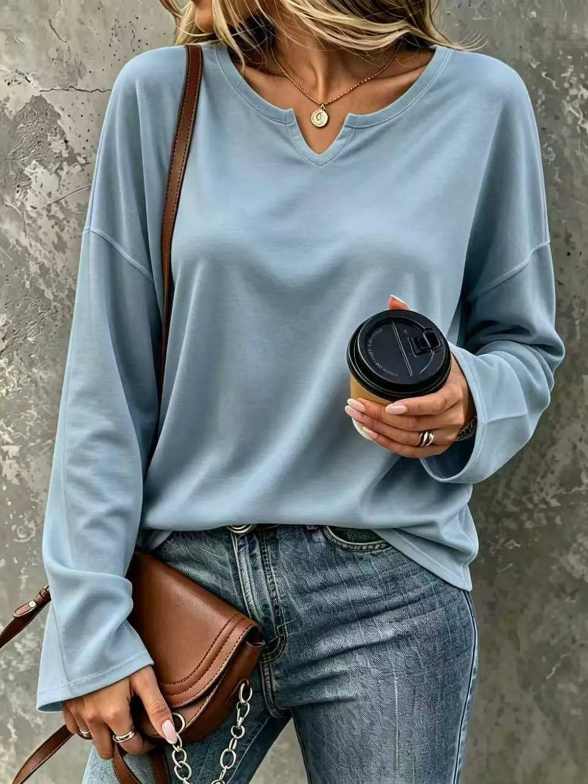 Light Blue Loose-Fit Notch Neck Long Sleeve T-Shirt front view