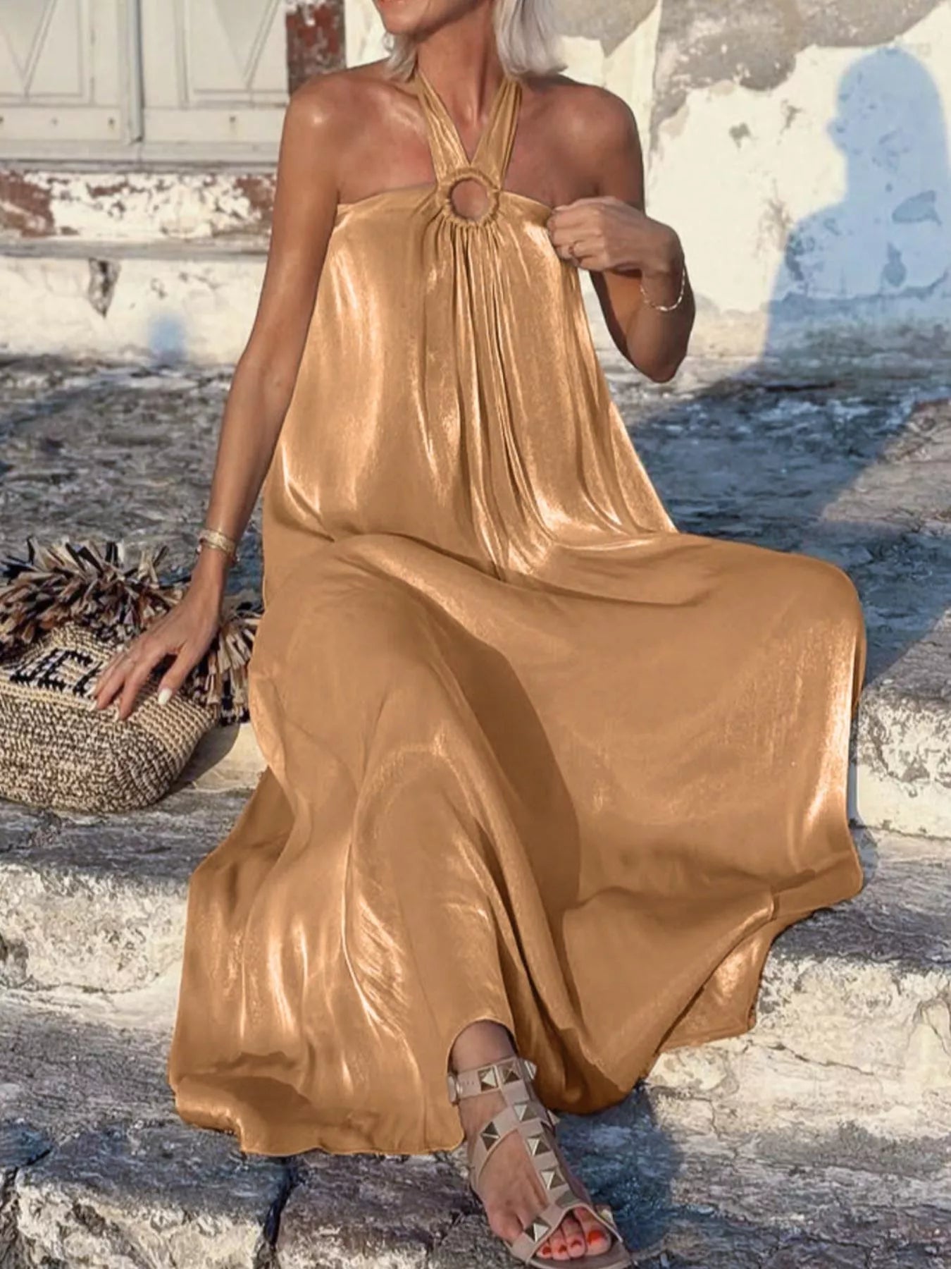 Trendsi Halter Neck Maxi Dress with O-Ring Detail -