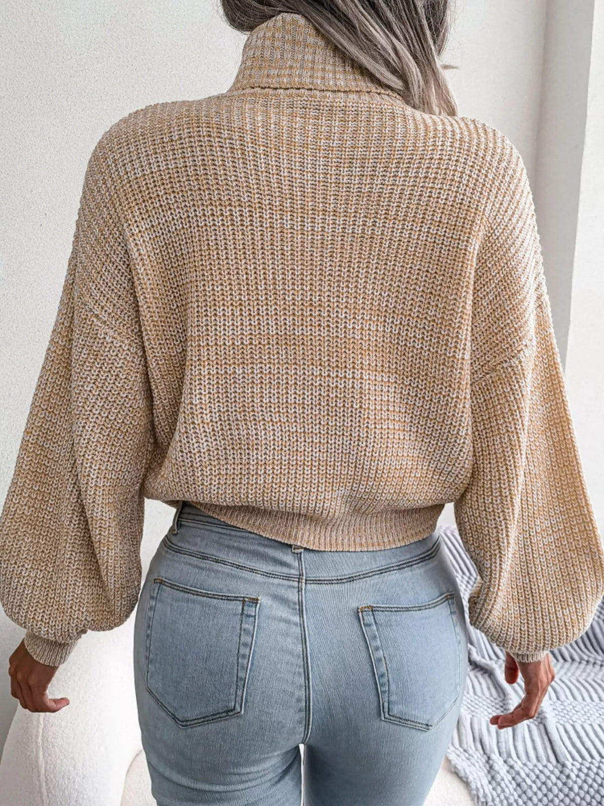 Turtleneck Dropped Shoulder Sweater in beige, front view