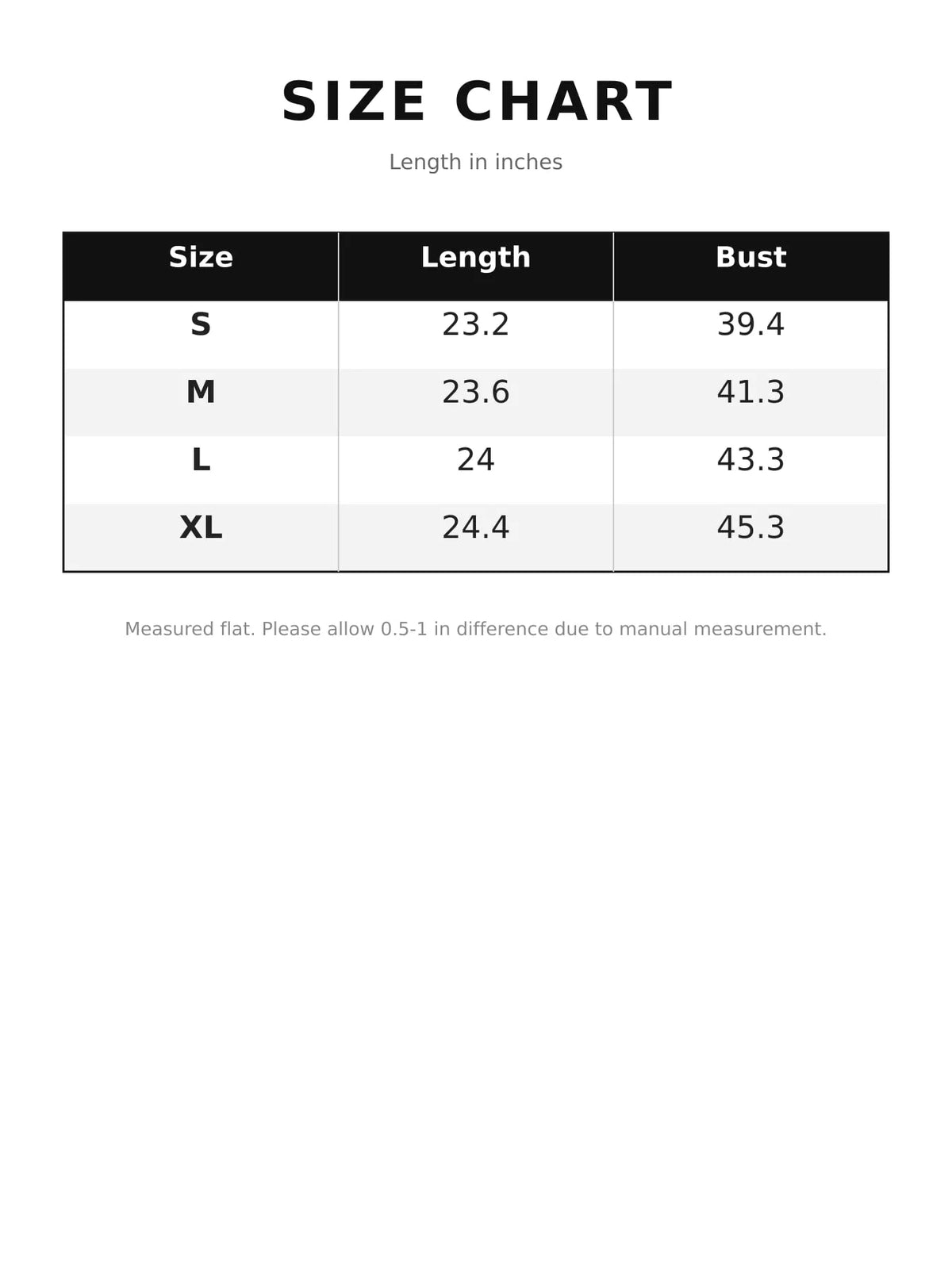 Hooded long sleeve sweater, size and measurement chart