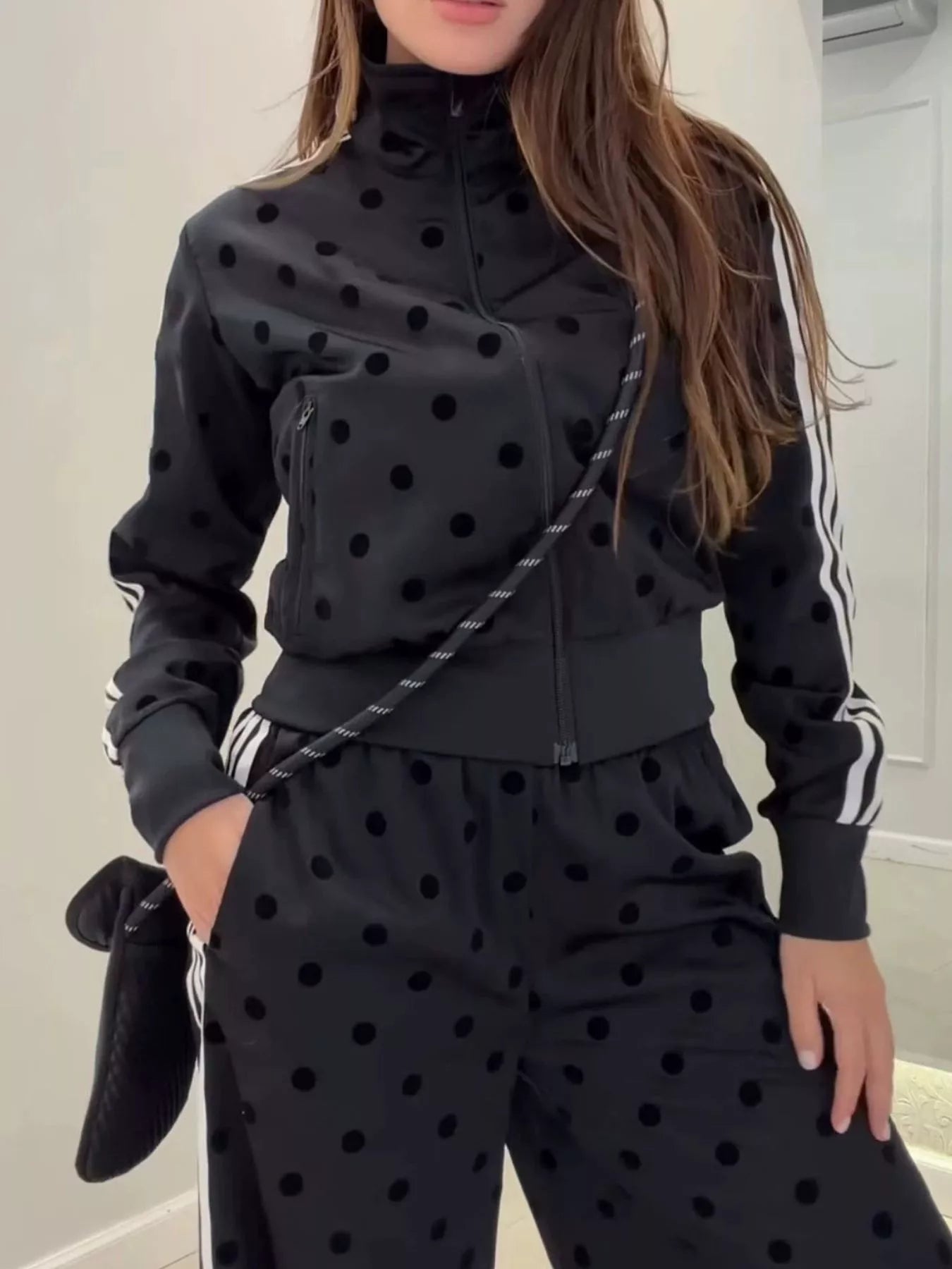 Trendsi Polka Dot Side Striped Outerwear and Pants Set -