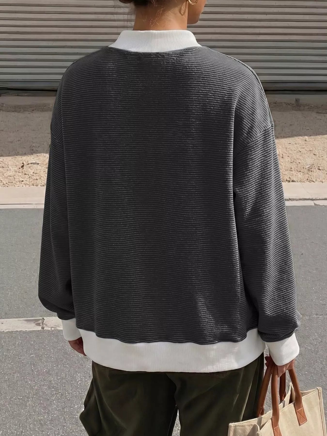 Trendsi Casual Mock Neck Striped Long Sleeve T-Shirt -