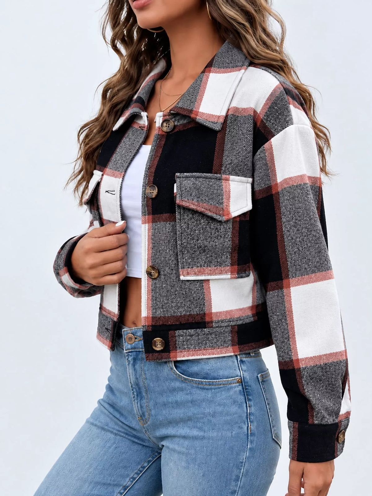 Black plaid button-up cropped jacket