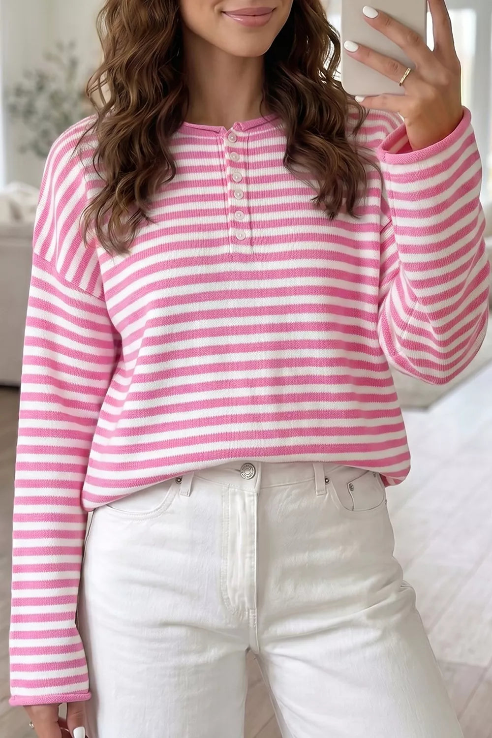 Trendsi Striped Button Placket Drop Shoulder Long Sleeve Sweater -