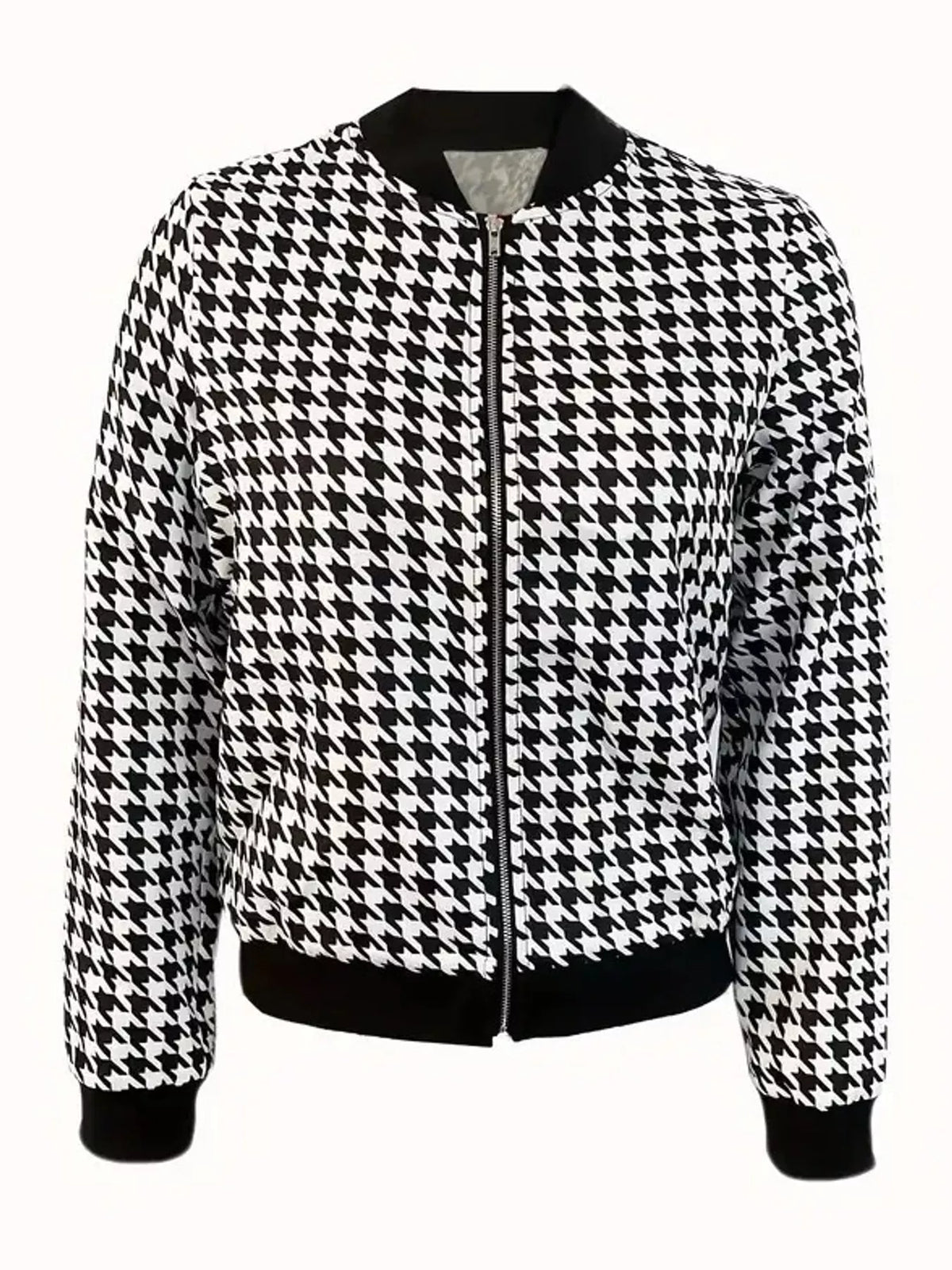 Black and white houndstooth printed zip-up bomber jacket — front view