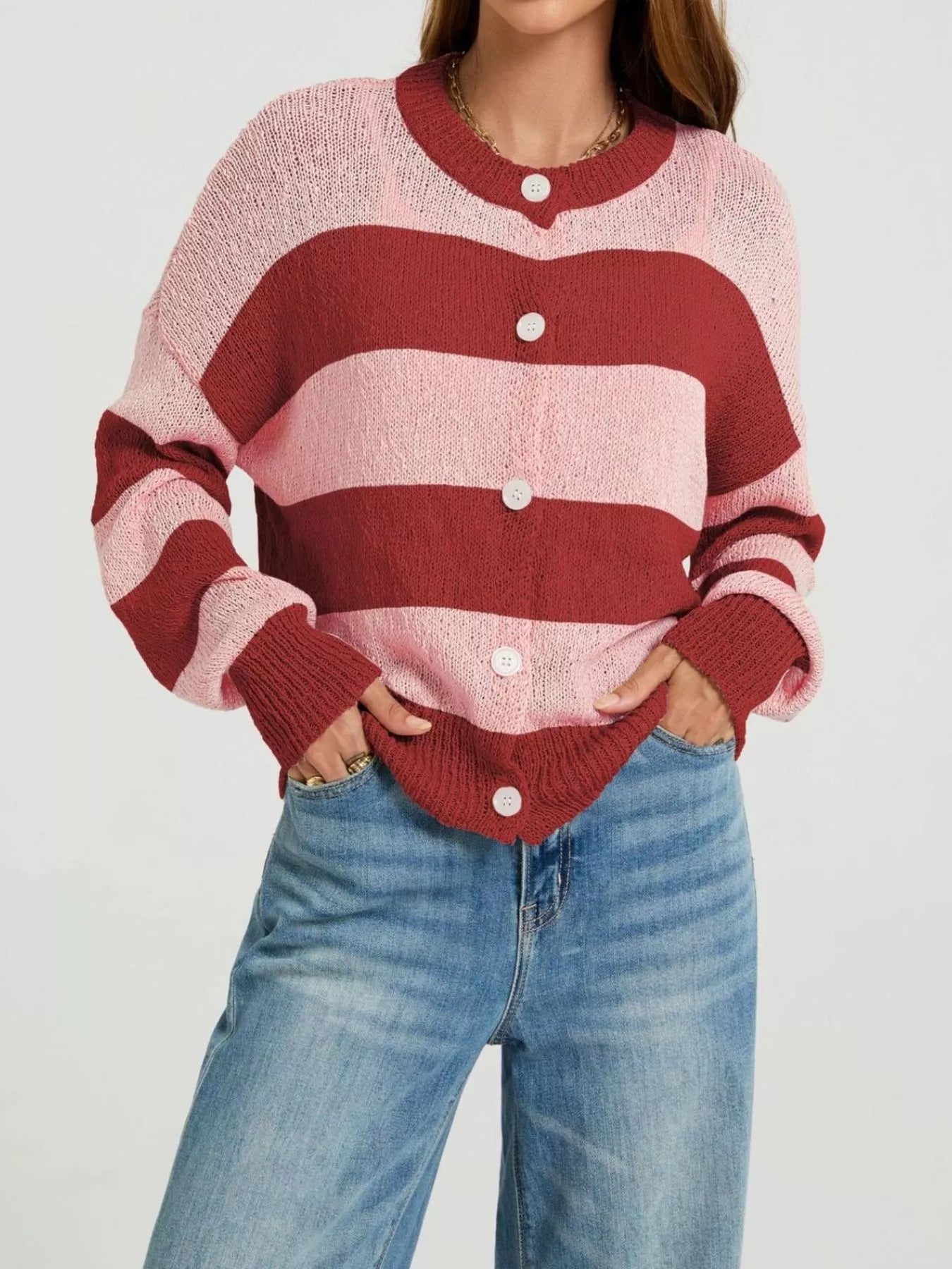 Trendsi Casual Striped Button-Down Knit Cardigan -