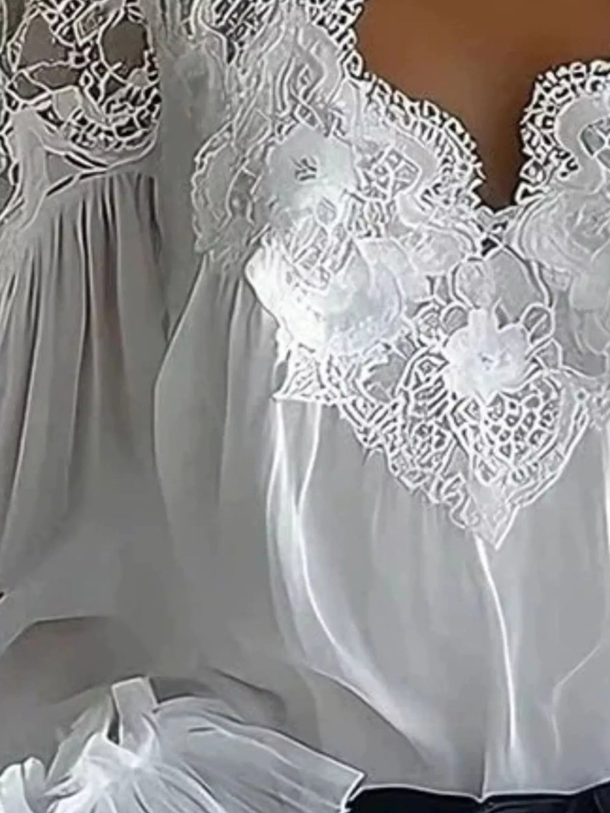 White lace V-neck flounce sleeve blouse, lace bodice detail