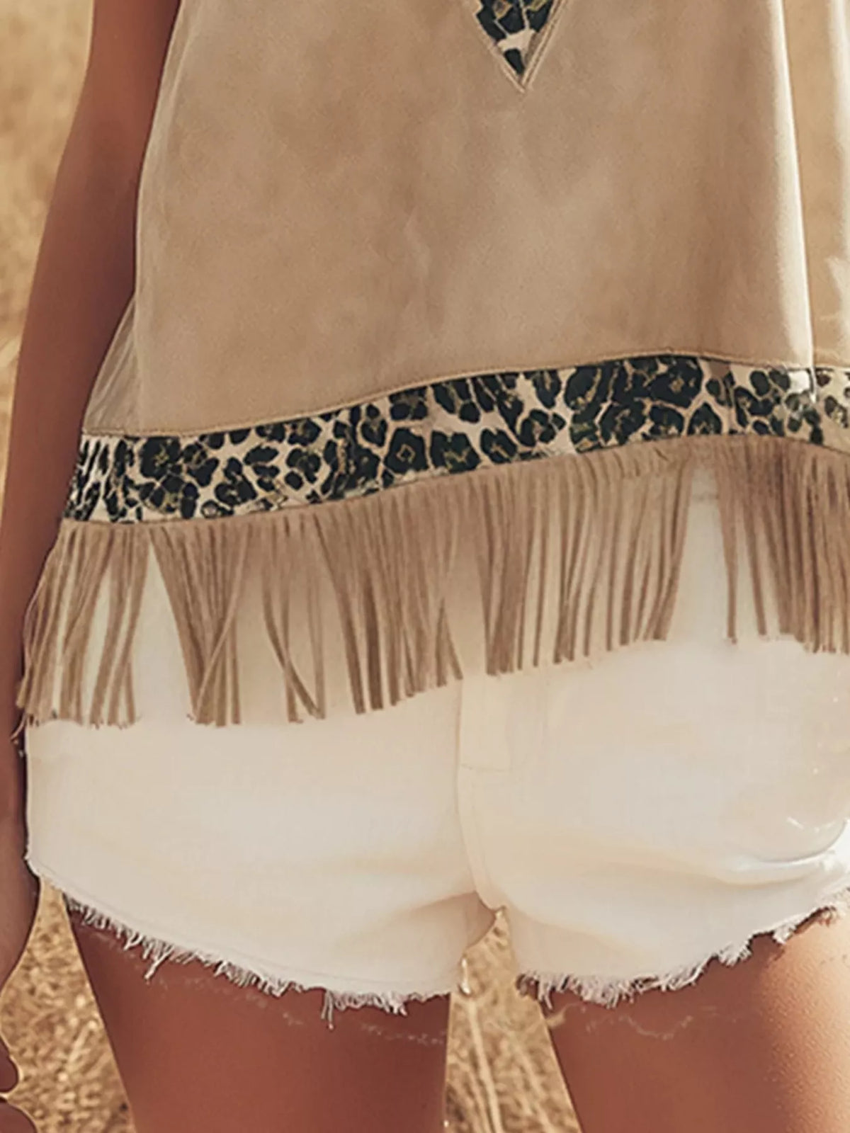 Fringed Leopard V-Neck Tank in beige, fringe detail