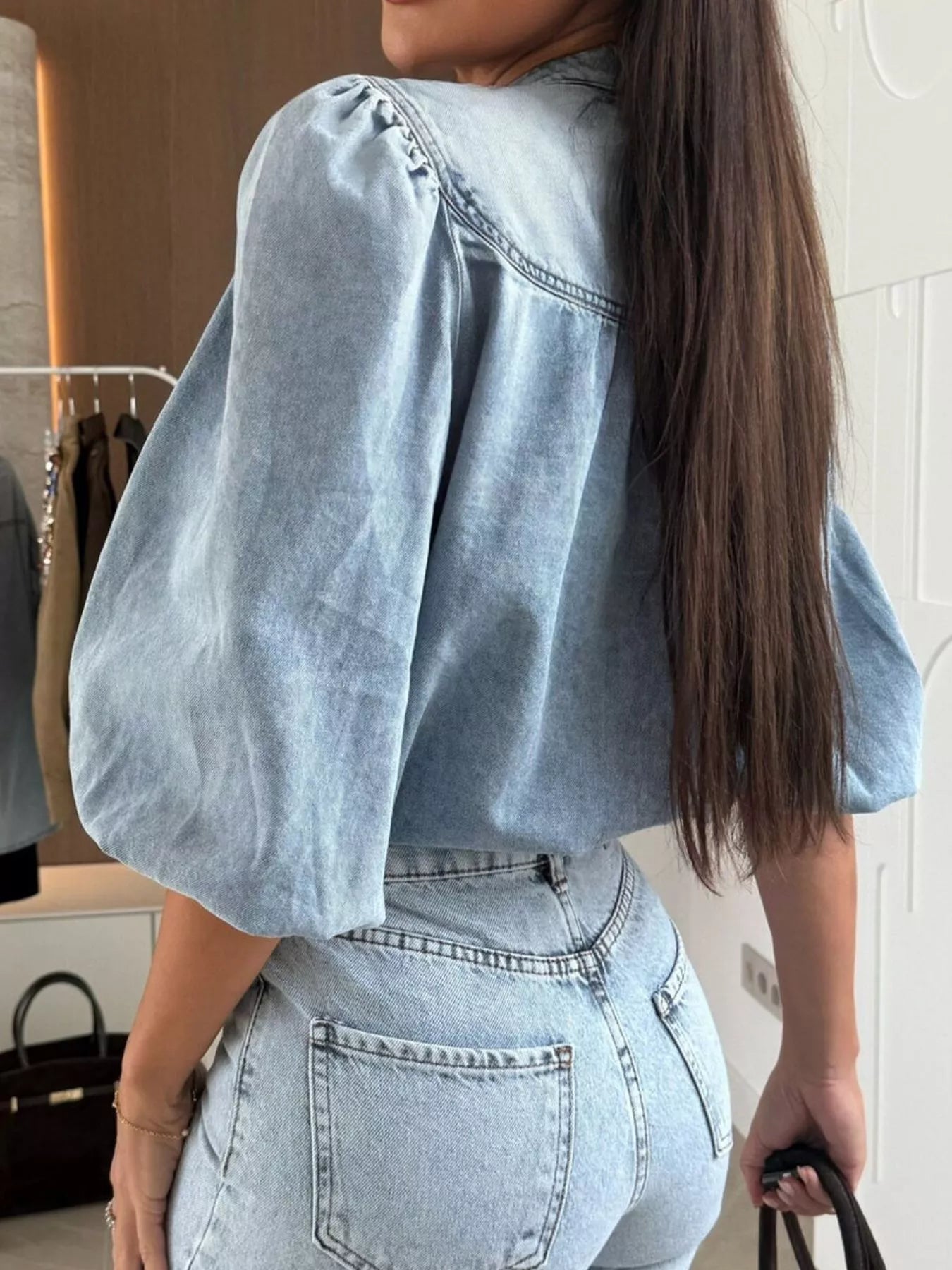 Trendsi Puff Sleeve Button Front Denim Top -