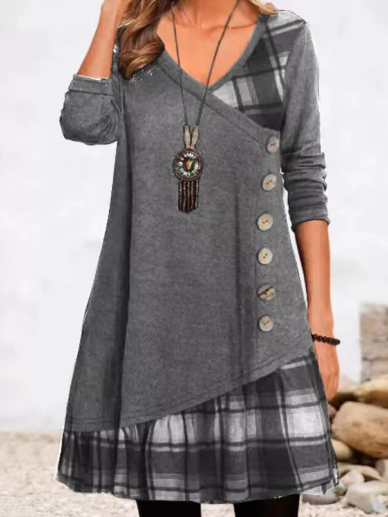 Trendsi Full Size Asymmetrical Plaid Patchwork Long Sleeve Dress Plus Size -