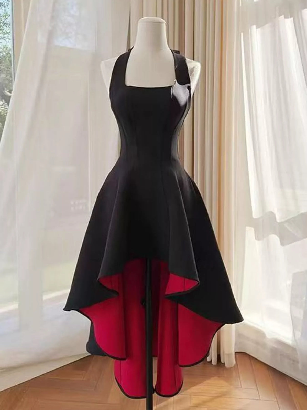 High-Low Halter Neck Evening Dress in black