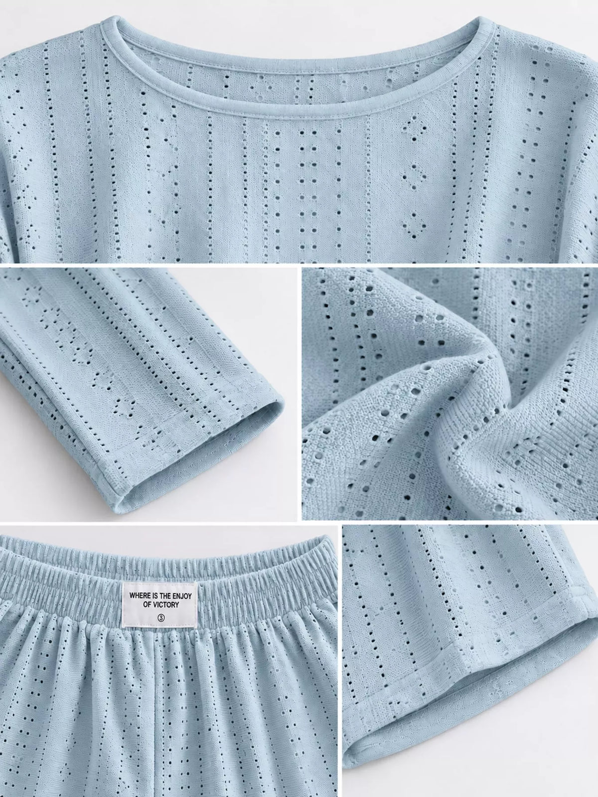 Eyelet Long Sleeve Top and Shorts Lounge Set, detail view in light blue