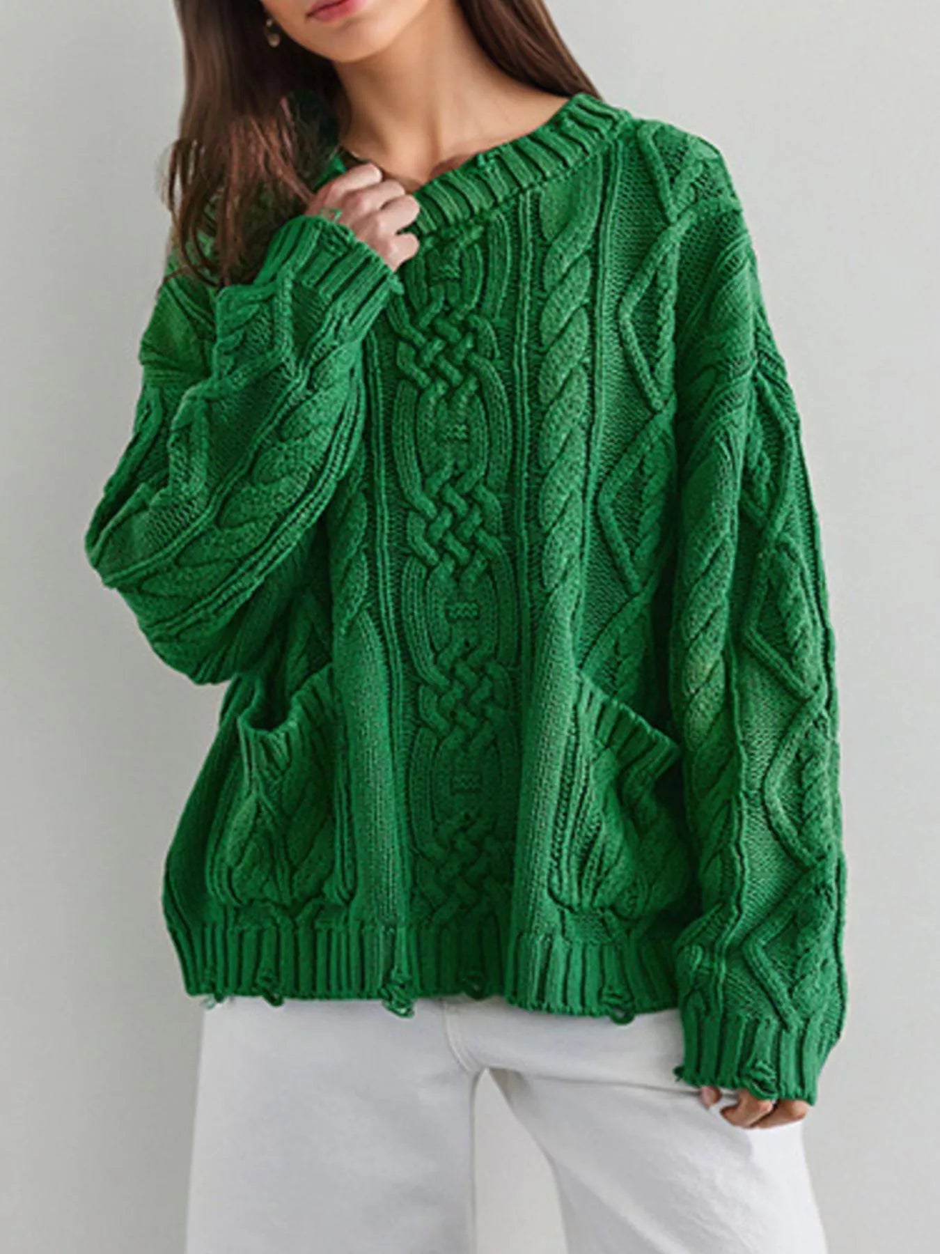 Trendsi Cable-Knit Sweater with Front Pockets -