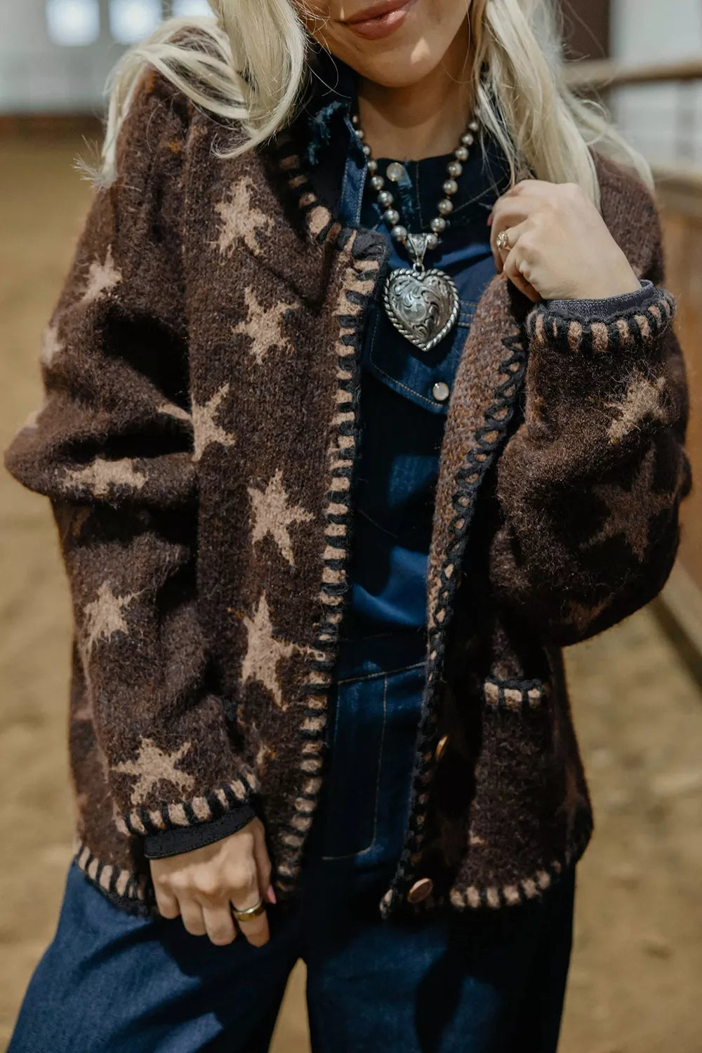 Trendsi Stars Pattern Colorblock Long Sleeve Shift Cardigan -