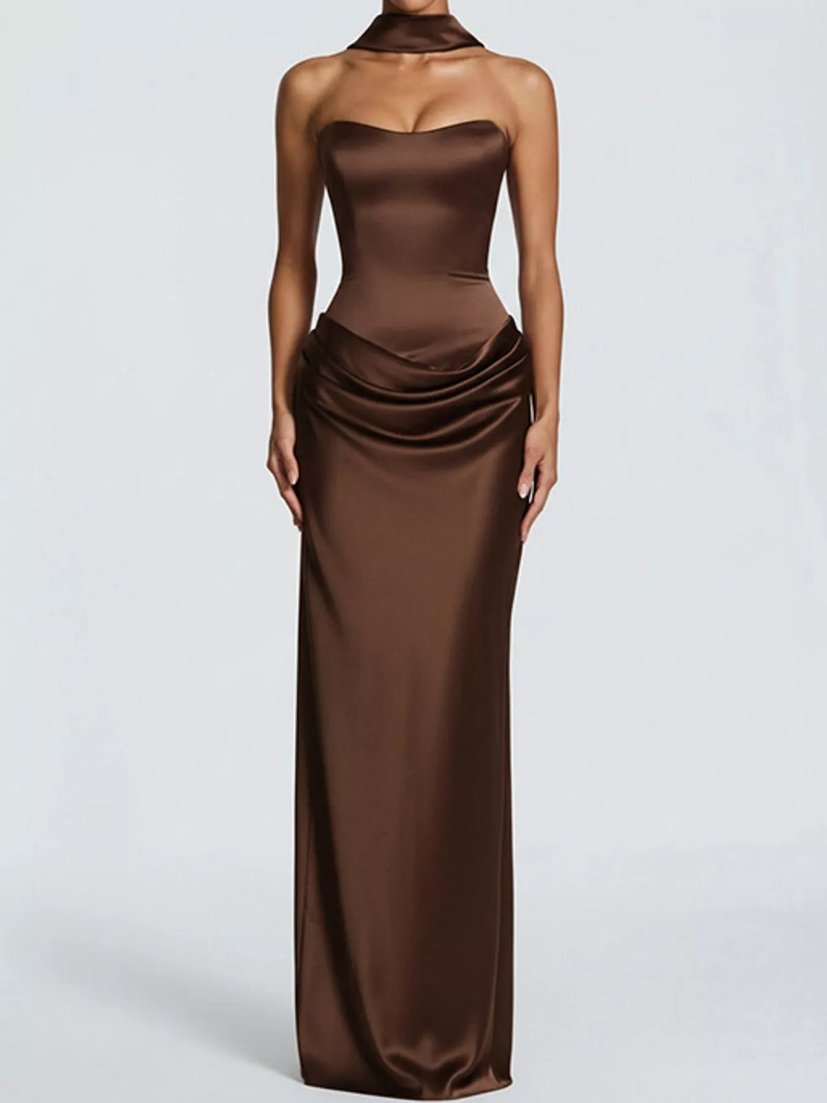 Sweetheart neck strapless maxi dress, front view on model