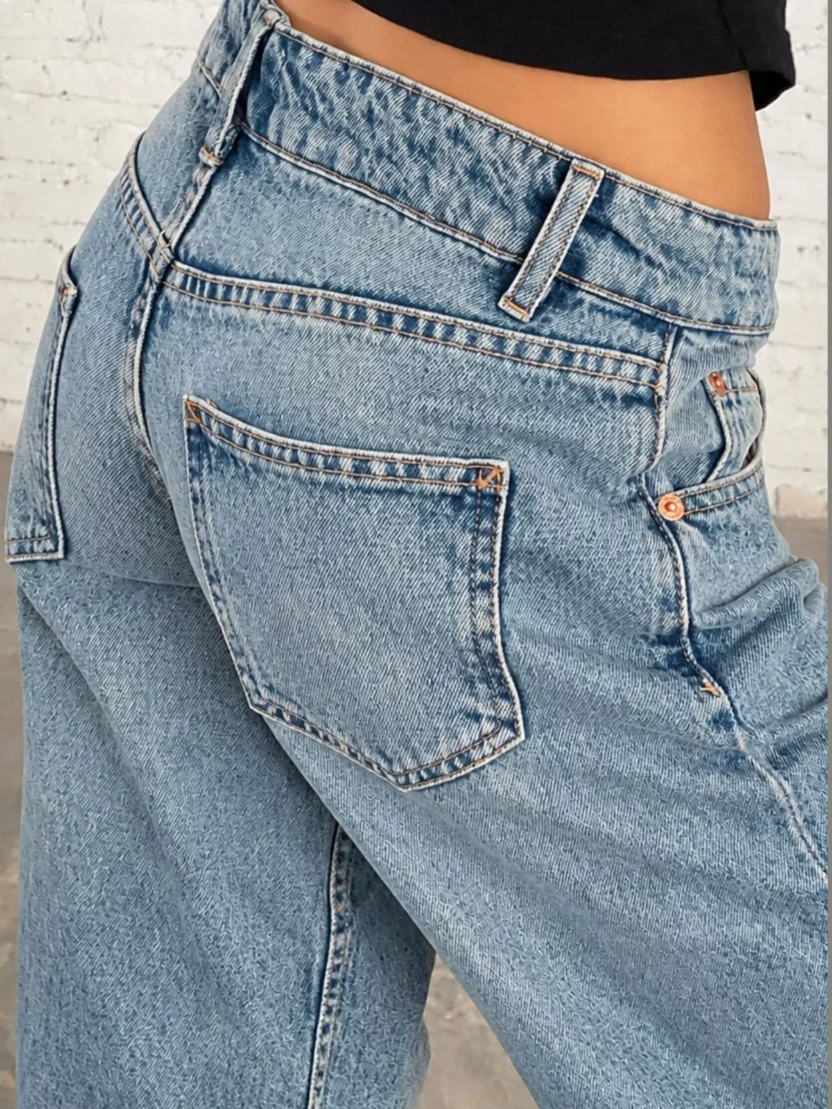 Vintage Wash Low-Rise Wide-Leg Jeans — construction details