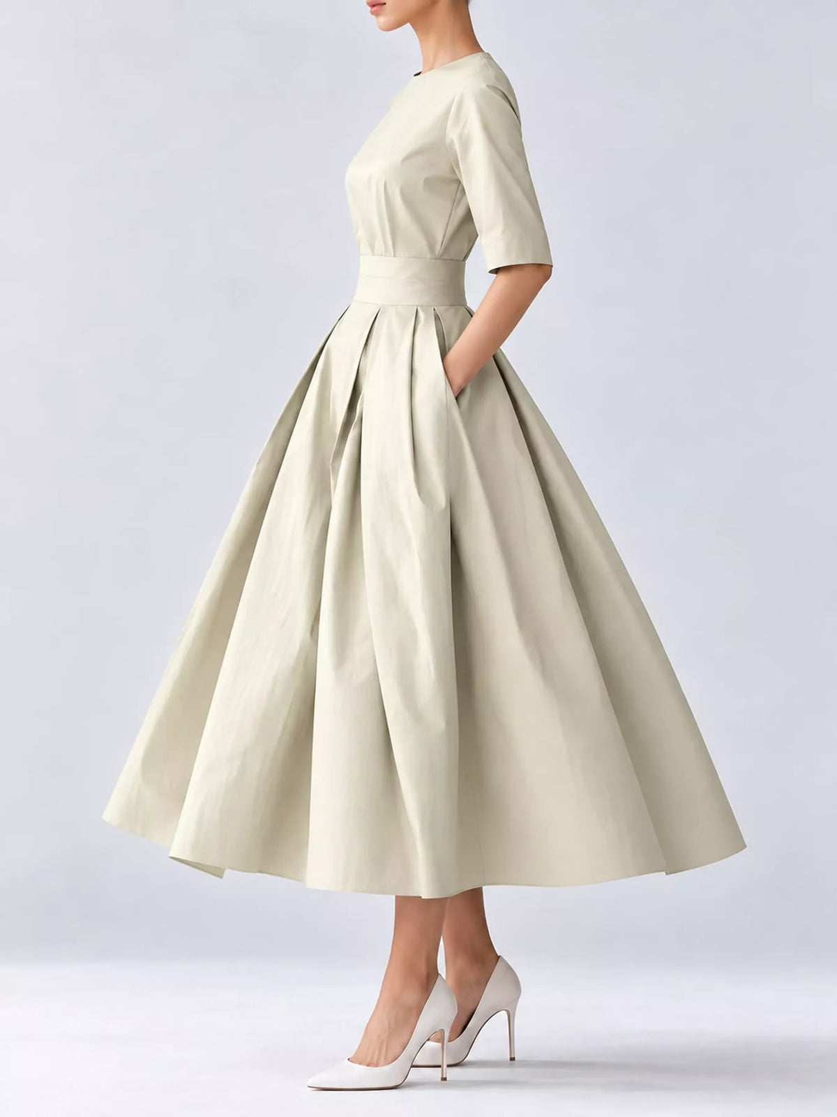 Round neck short sleeve midi dress, side view