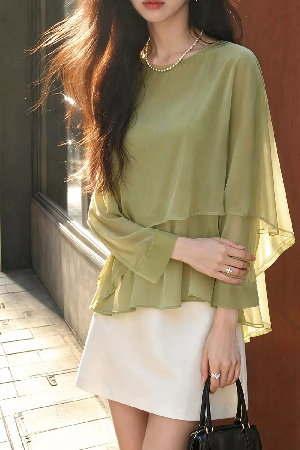 Matcha green layered flutter sleeve chiffon blouse