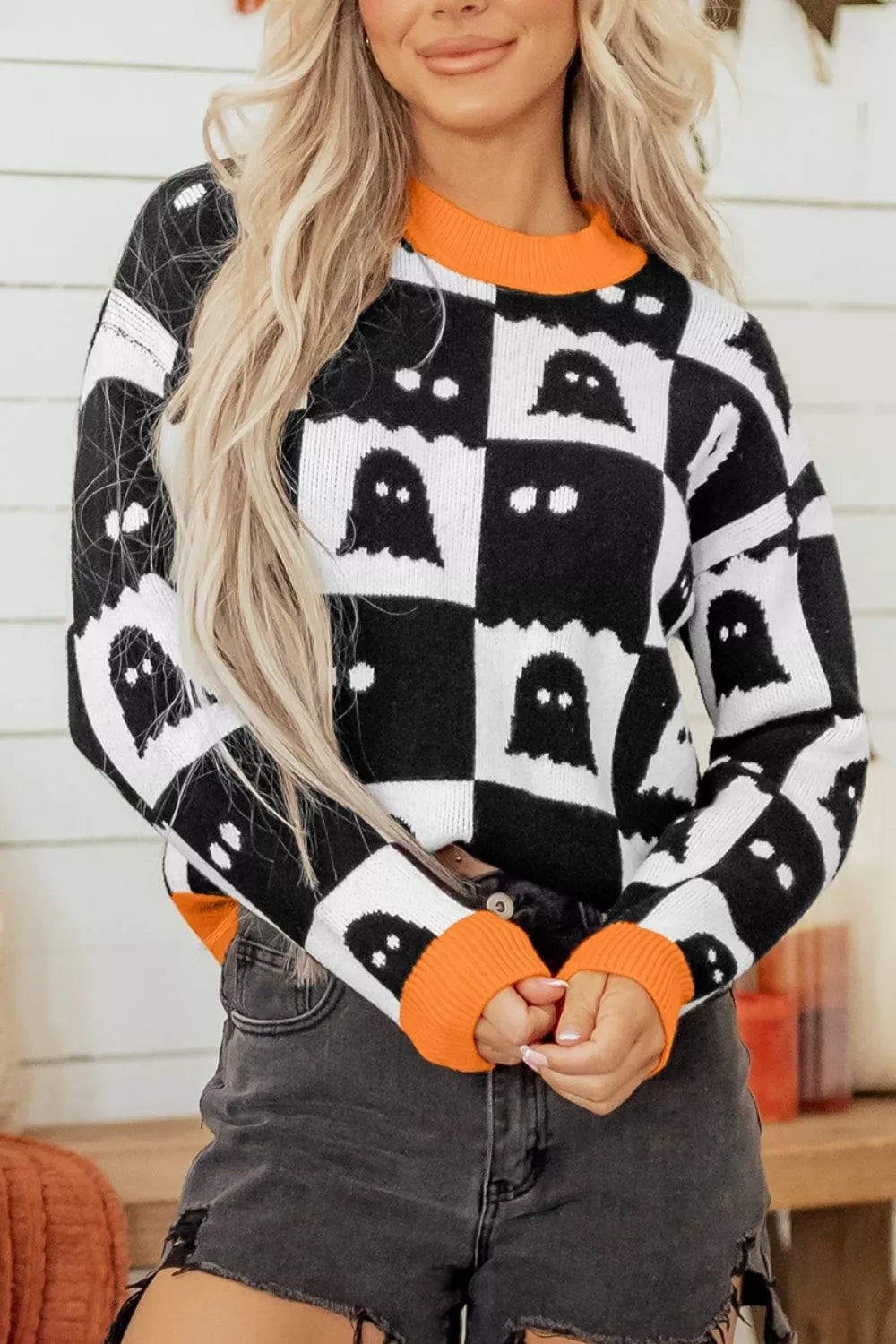 Trendsi Halloween Ghost Pattern Checkerboard Sweater -