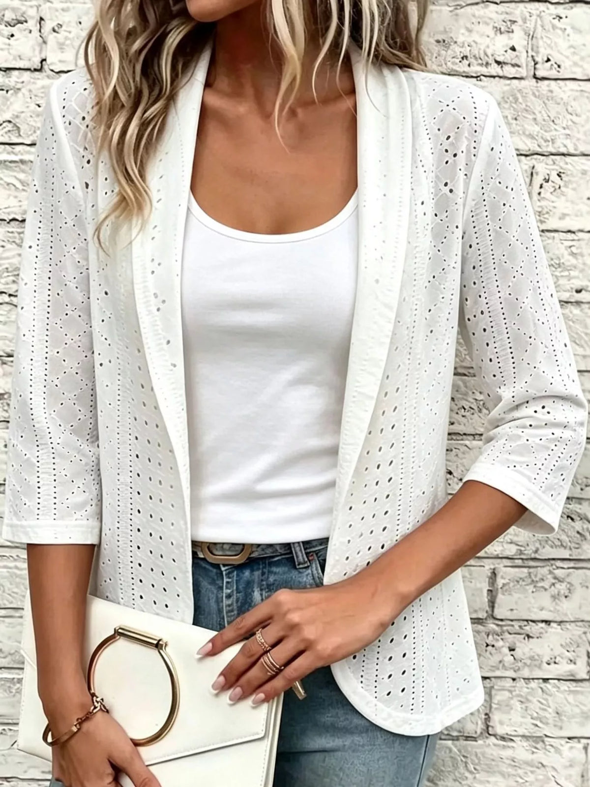 Eyelet Open-Front Cardigan — front view