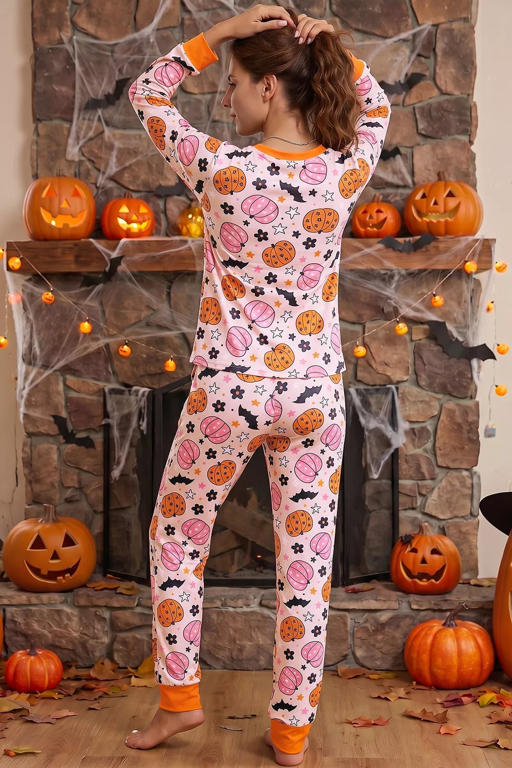 Trendsi Halloween Pumpkin Print Long Sleeve Home Wear Lounge Set -