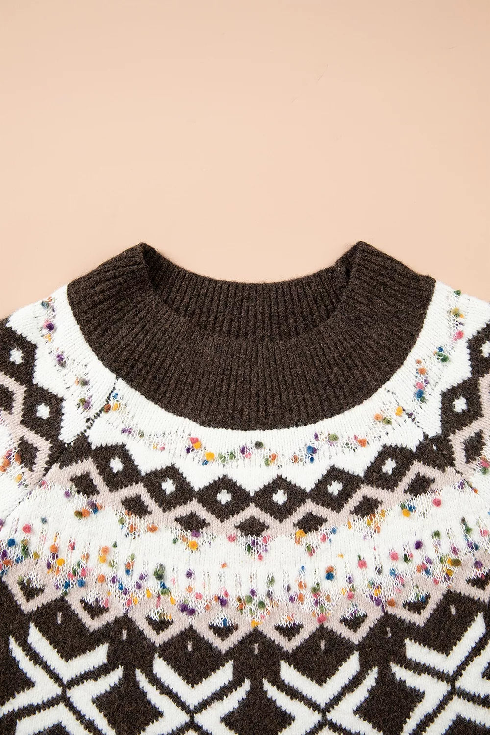 Women's Geometric Round Neck Sweater with Colorful Confetti Accents in brown — neckline detail view