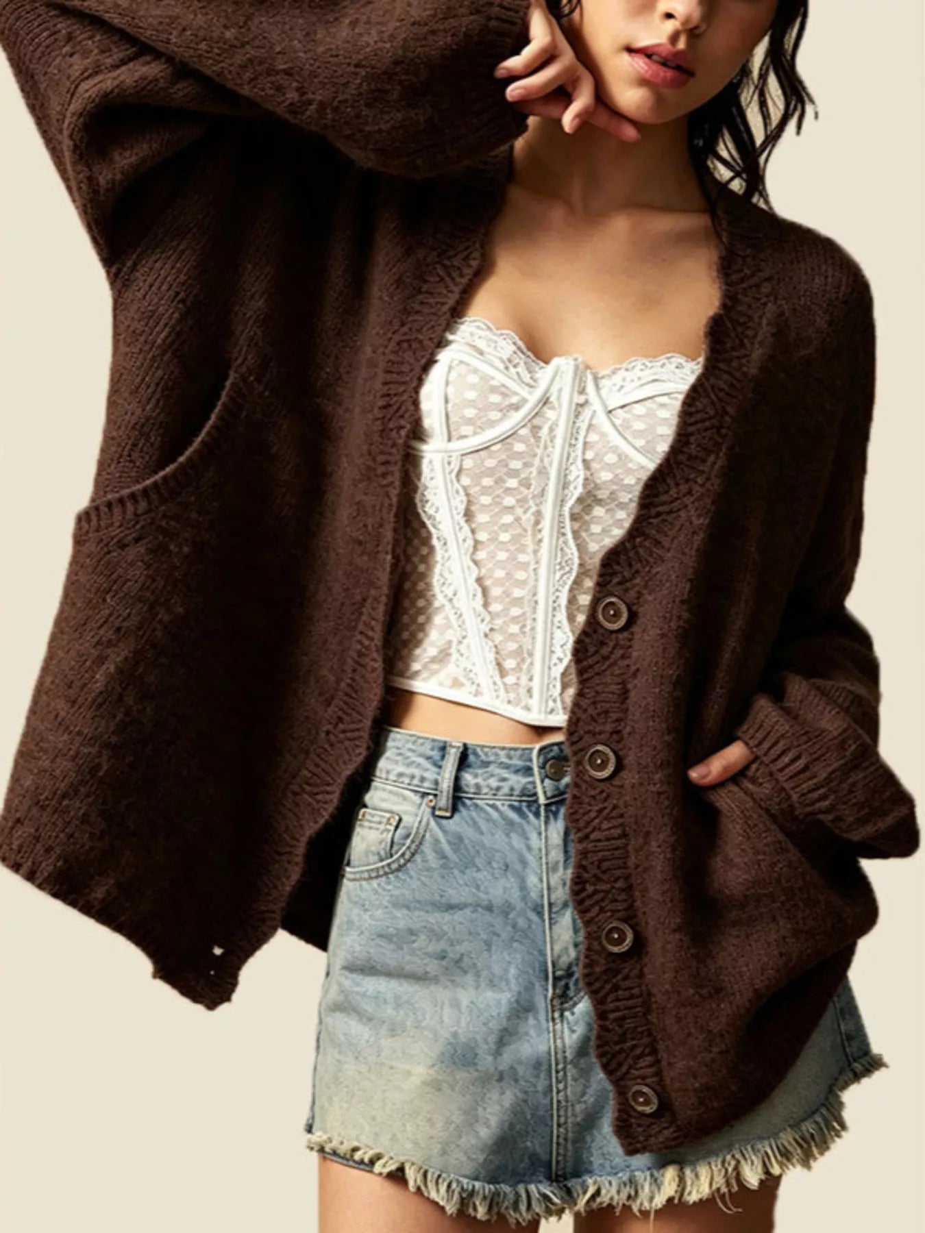 Trendsi V-Neck Button-Down Knit Cardigan -