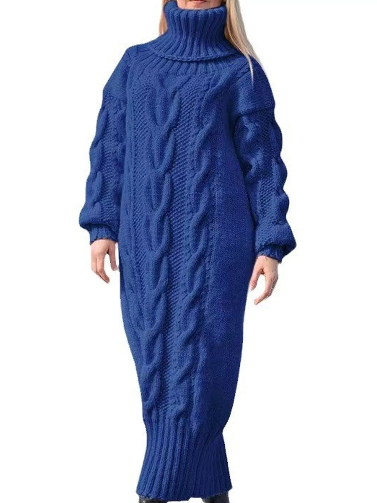 Royal Blue oversized cable knit turtleneck sweater dress