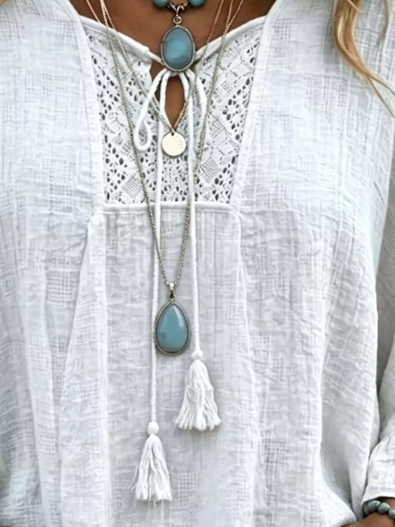 Trendsi Full Size Tassel Tie Neck Ruffled Hem Blouse Plus Size -