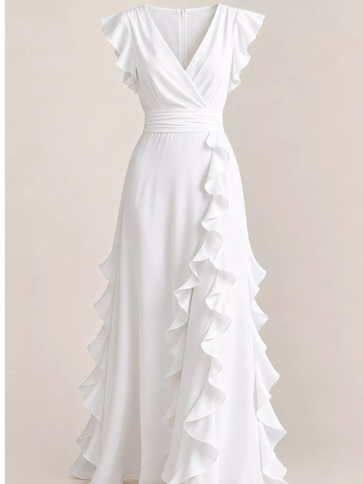 White ruffled surplice maxi dress, surplice bodice and ruffles