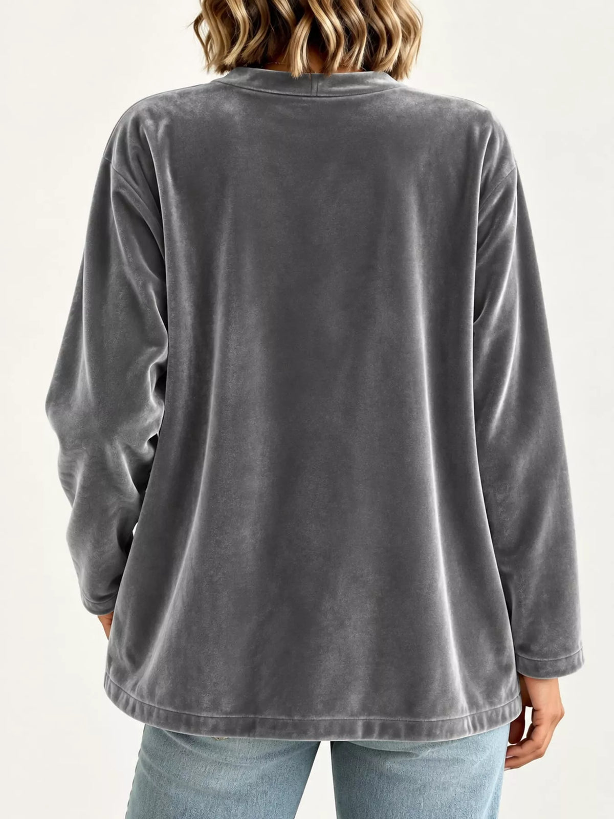 Women's Velvet Open-Front Cardigan in gray — back view