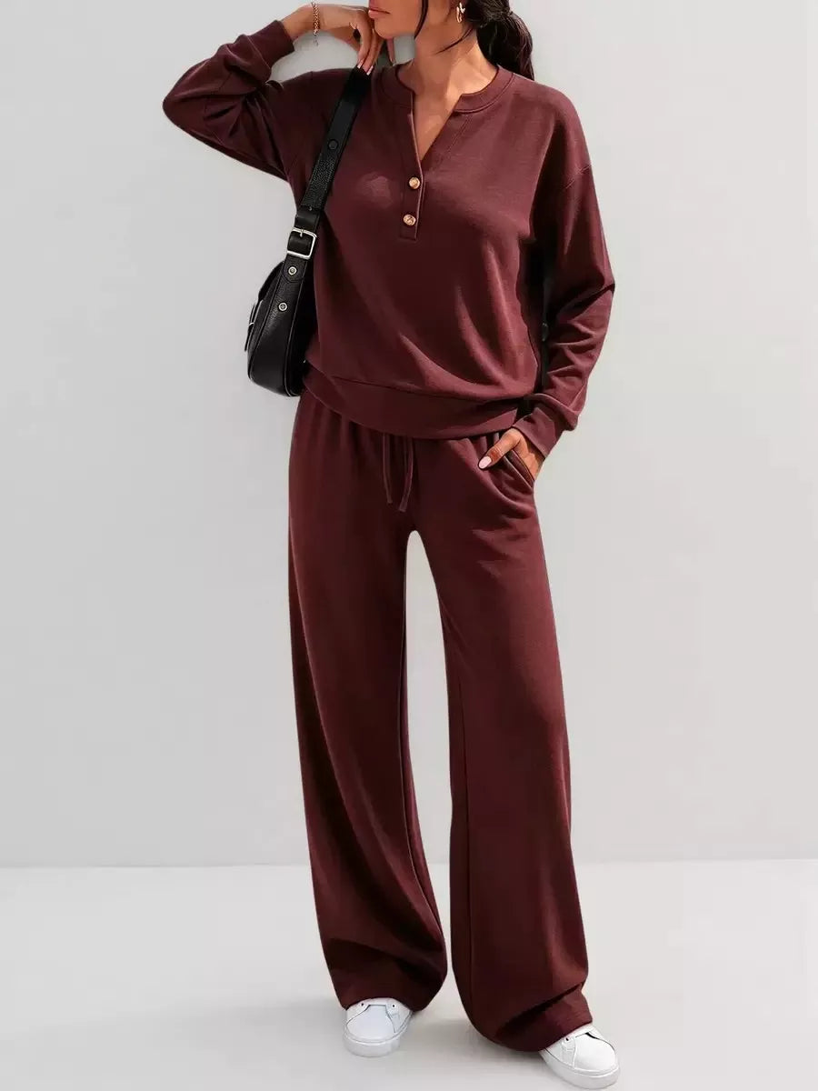 Button-detail dropped-shoulder top and pants set