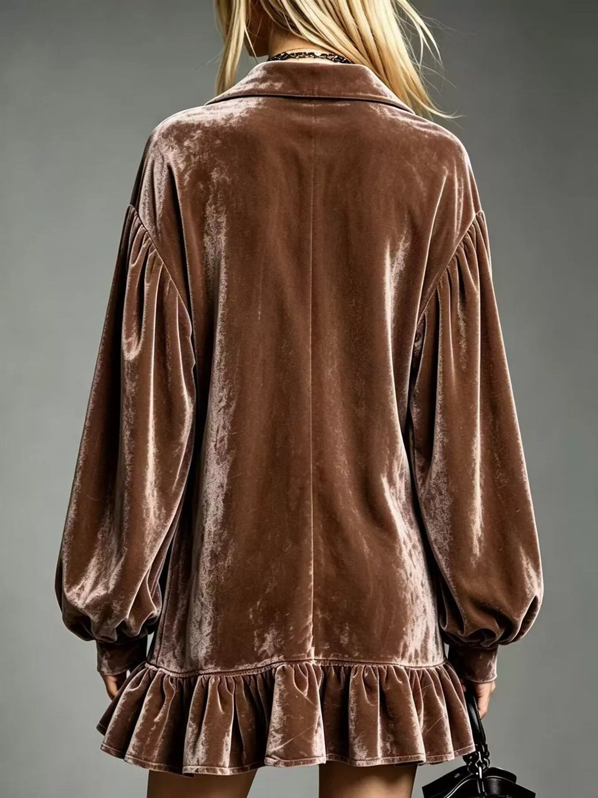 Brown Velvet Long Sleeve Ruffle-Hem Mini Dress back view