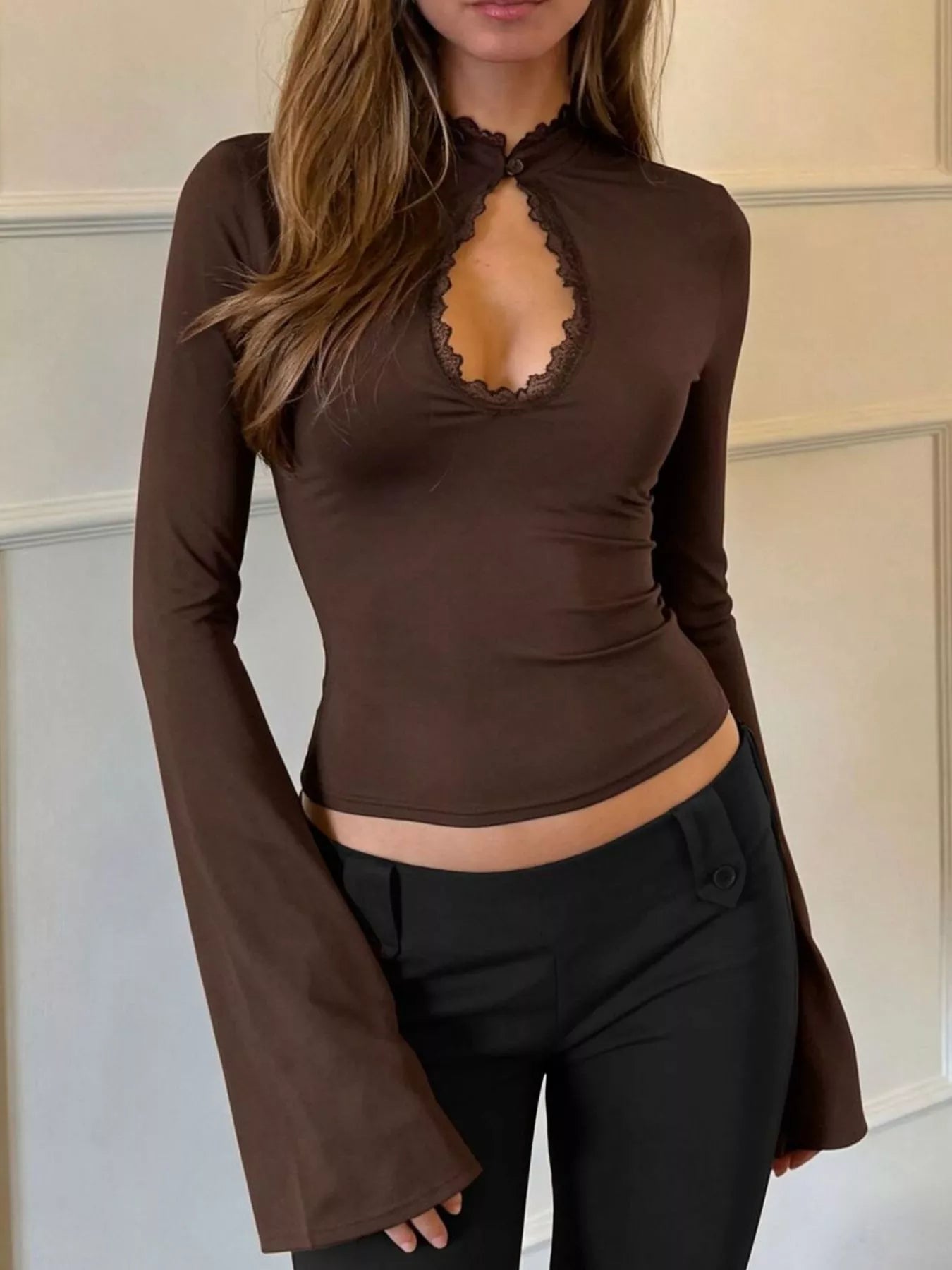 Trendsi Lace-Trimmed Keyhole Long Sleeve T-Shirt -