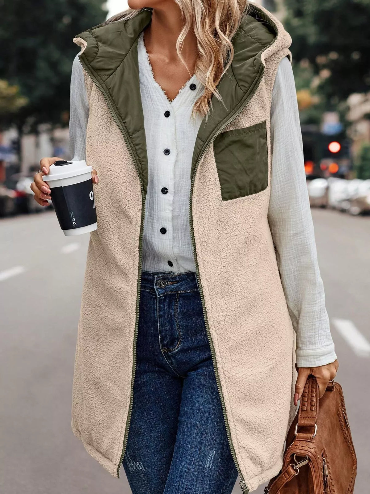 Army green hooded sherpa-lined puffer vest, sherpa reverse view