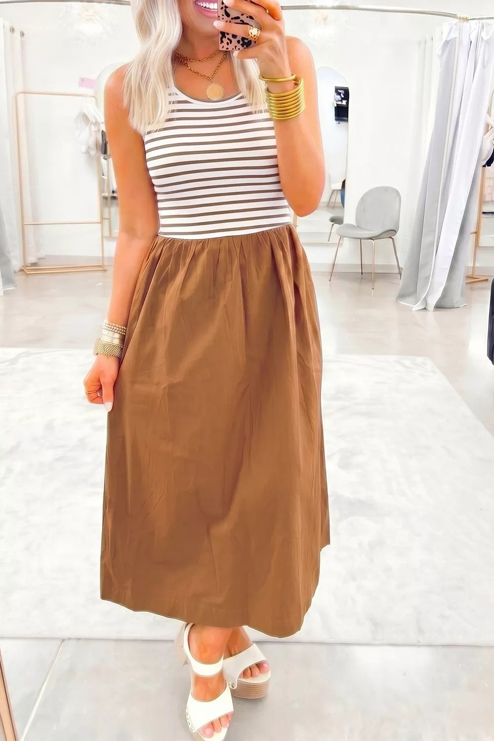 Trendsi Striped Colorblock Patchwork Sleeveless Casual Long Dress -