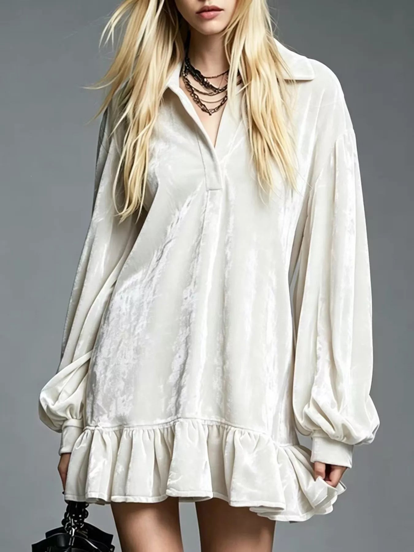Trendsi Full Size Velvet Ruffled Hem Long Sleeve Dress Plus Size -