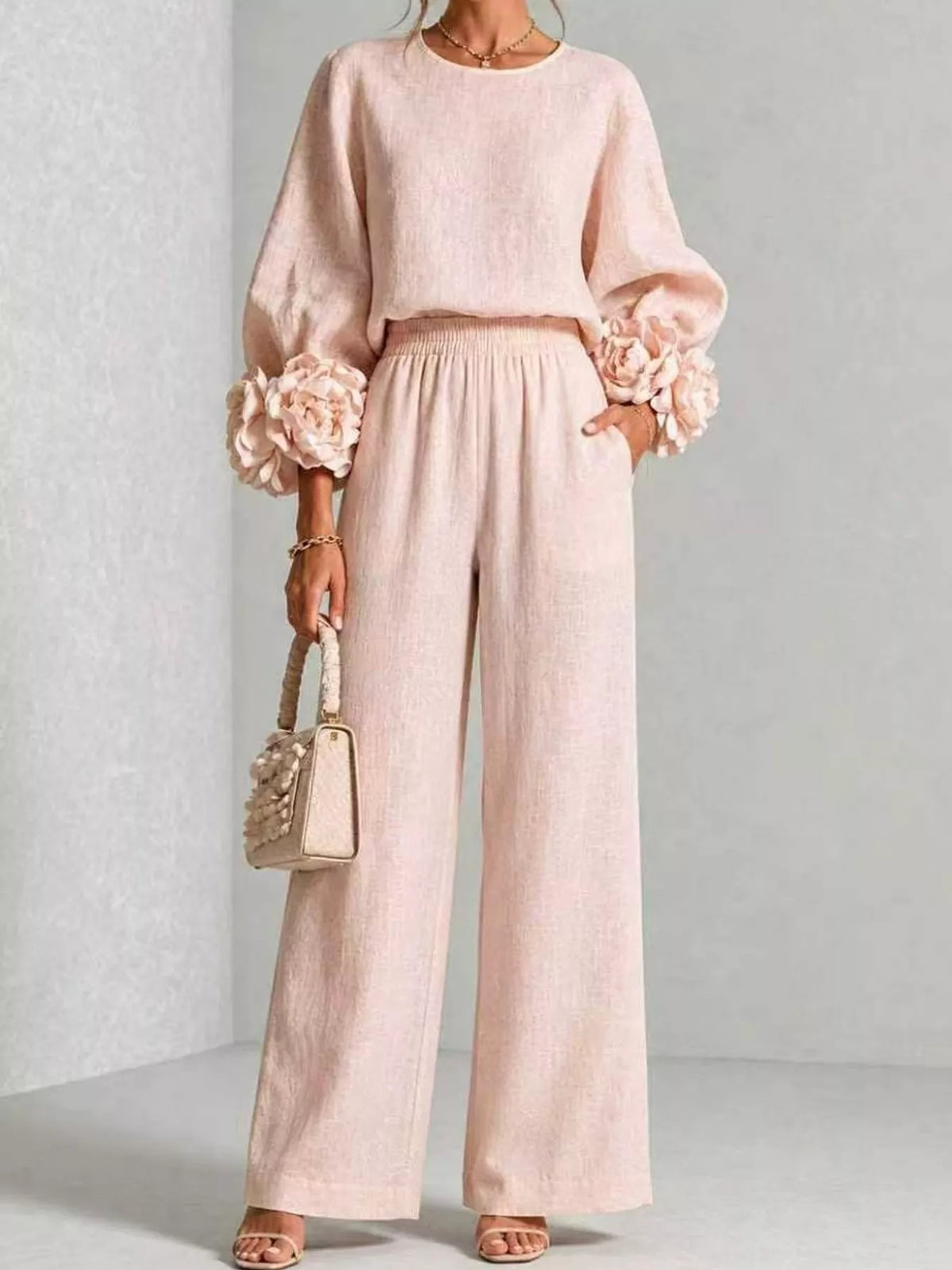 Floral Sleeve Embellishments Top and Pants Set — front view