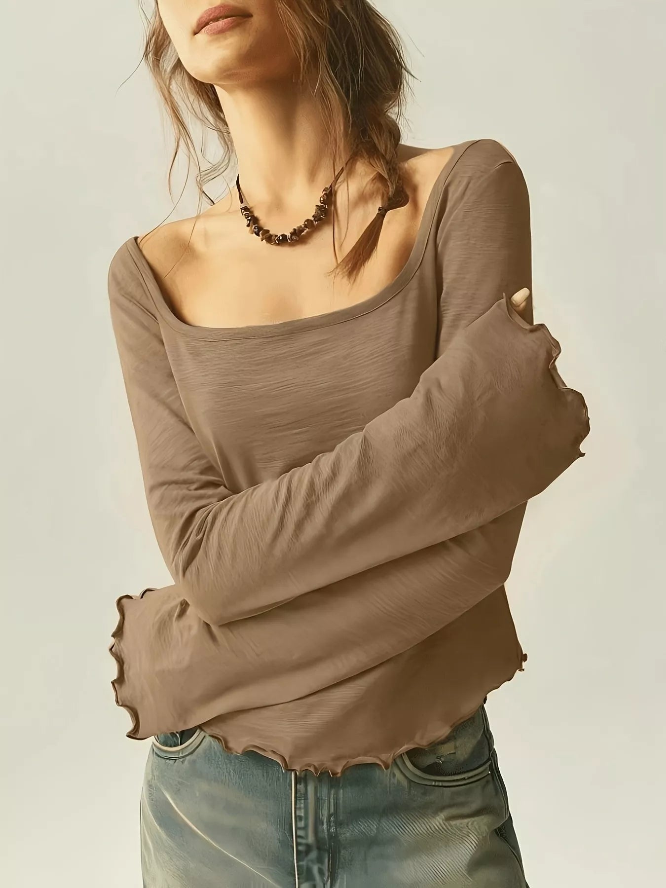 Women's long sleeve square neck slim-fit T-shirt