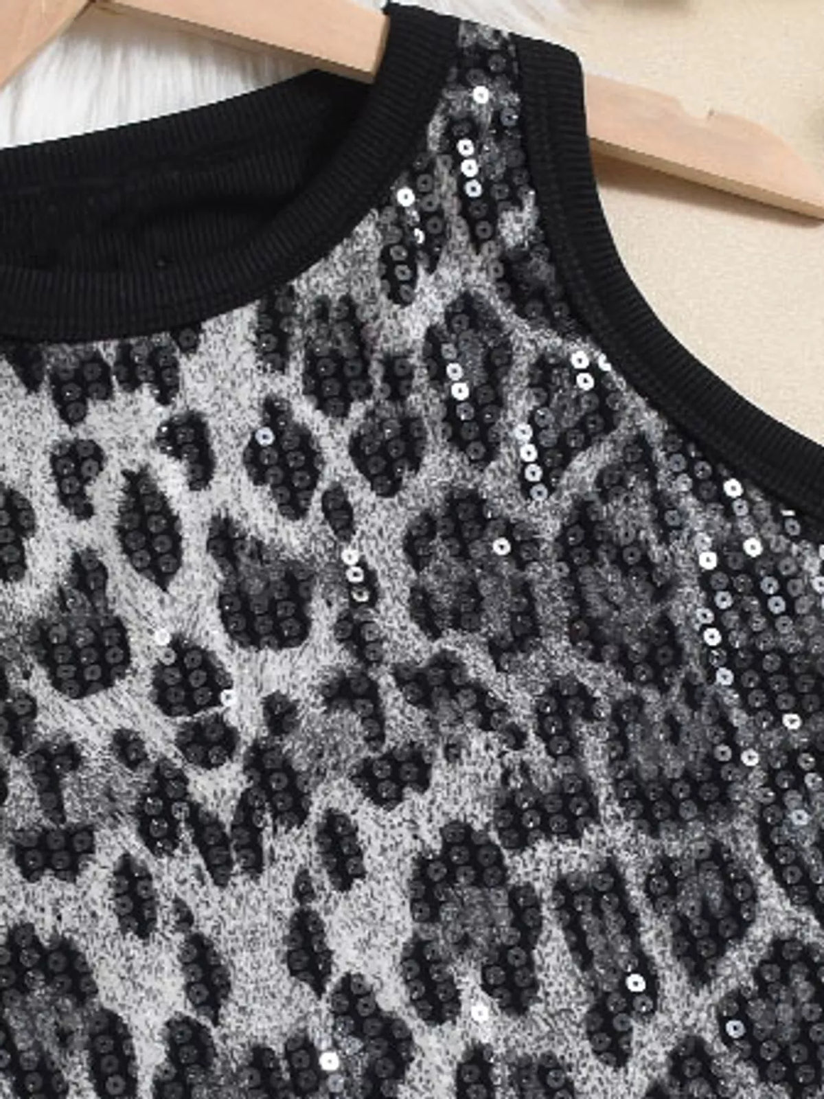 Gray sequin round neck tank, detail view