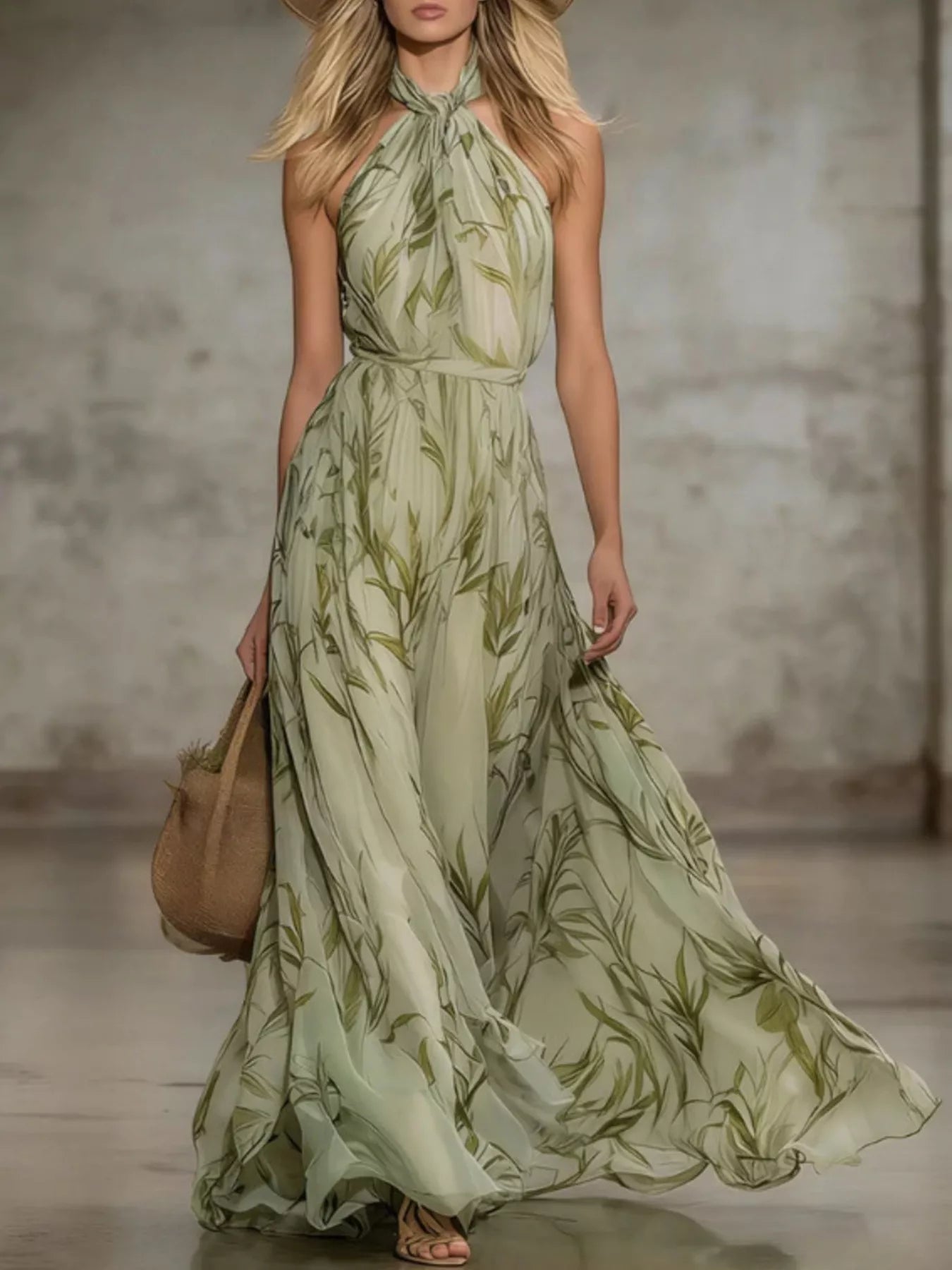 Trendsi Leaf Print Sleeveless Chiffon Maxi Dress -