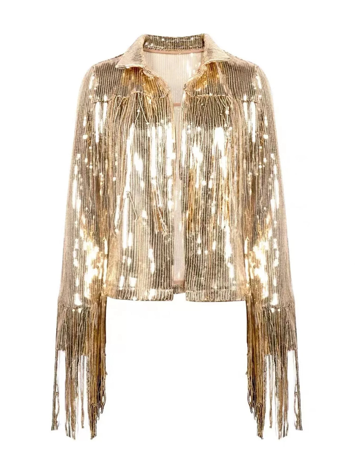 Gold Sequin Fringe Statement Jacket — garment front