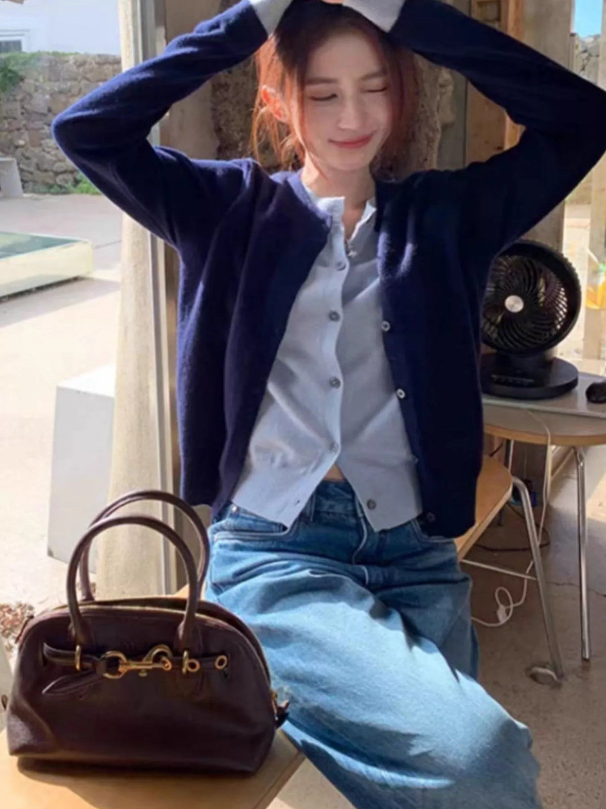 Button-Down Knit Cardigan in navy and light blue