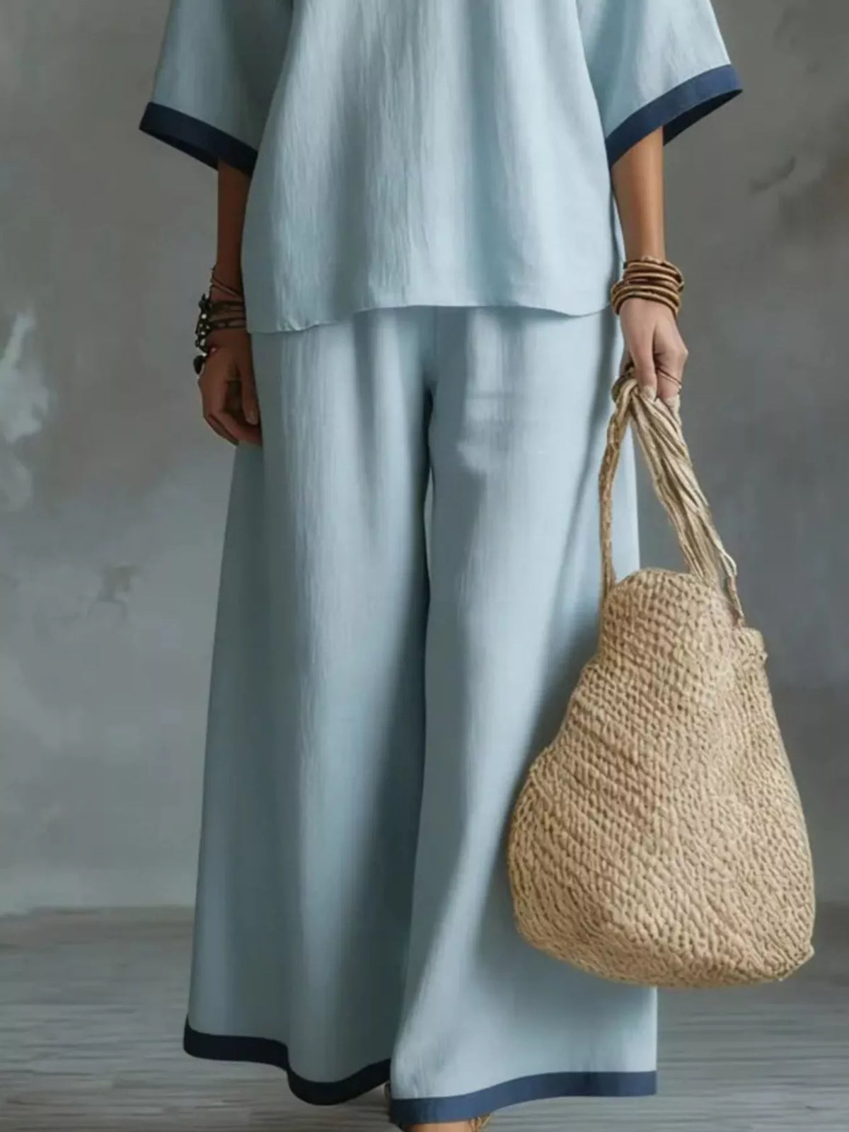 Trendsi Full Size Contrast Trim V-Neck Top and Pants Set Plus Size -