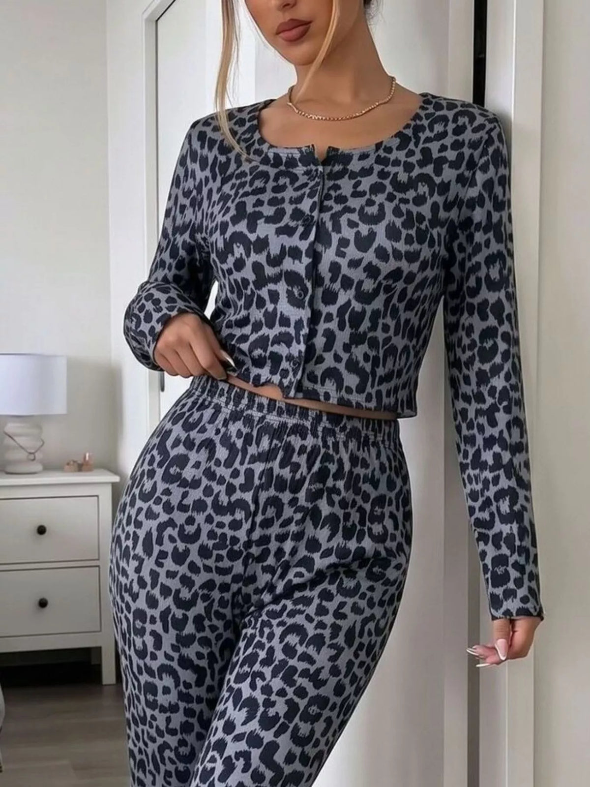 Dark Gray Leopard Print Long Sleeve Top and Pants Lounge Set side view